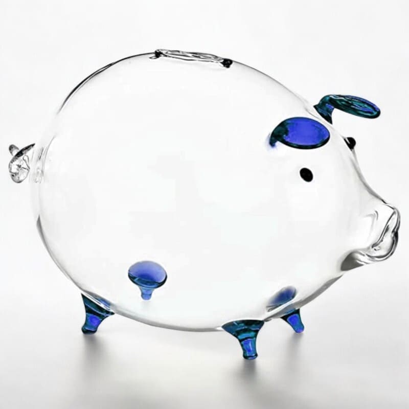 tirelire cochon en verre bleu