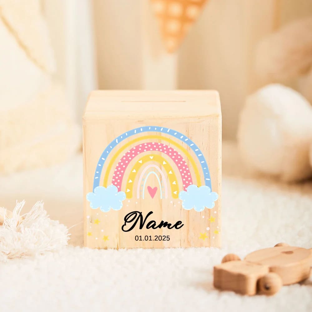 tirelire en bois personnalisée pour enfant arc-en-ciel