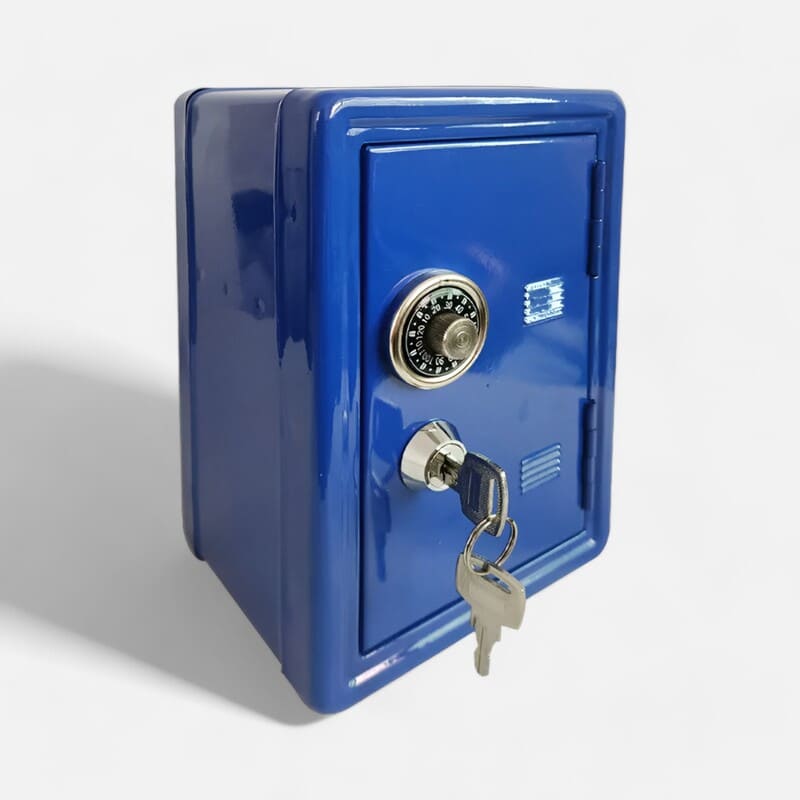 boite tirelire sécurisée à clé et code bleu