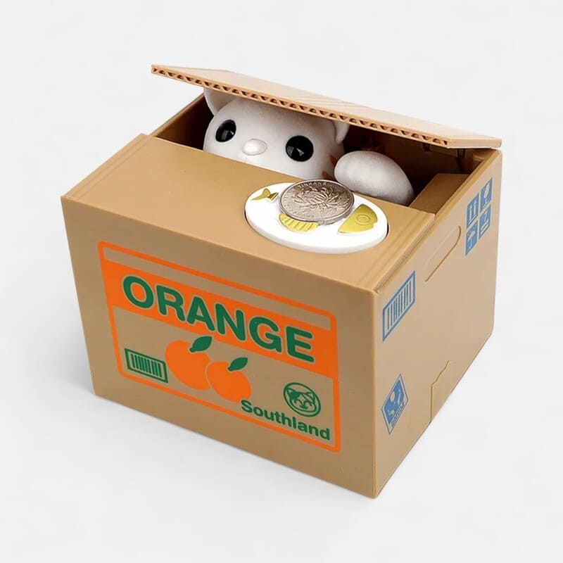 tirelire chat dans un carton