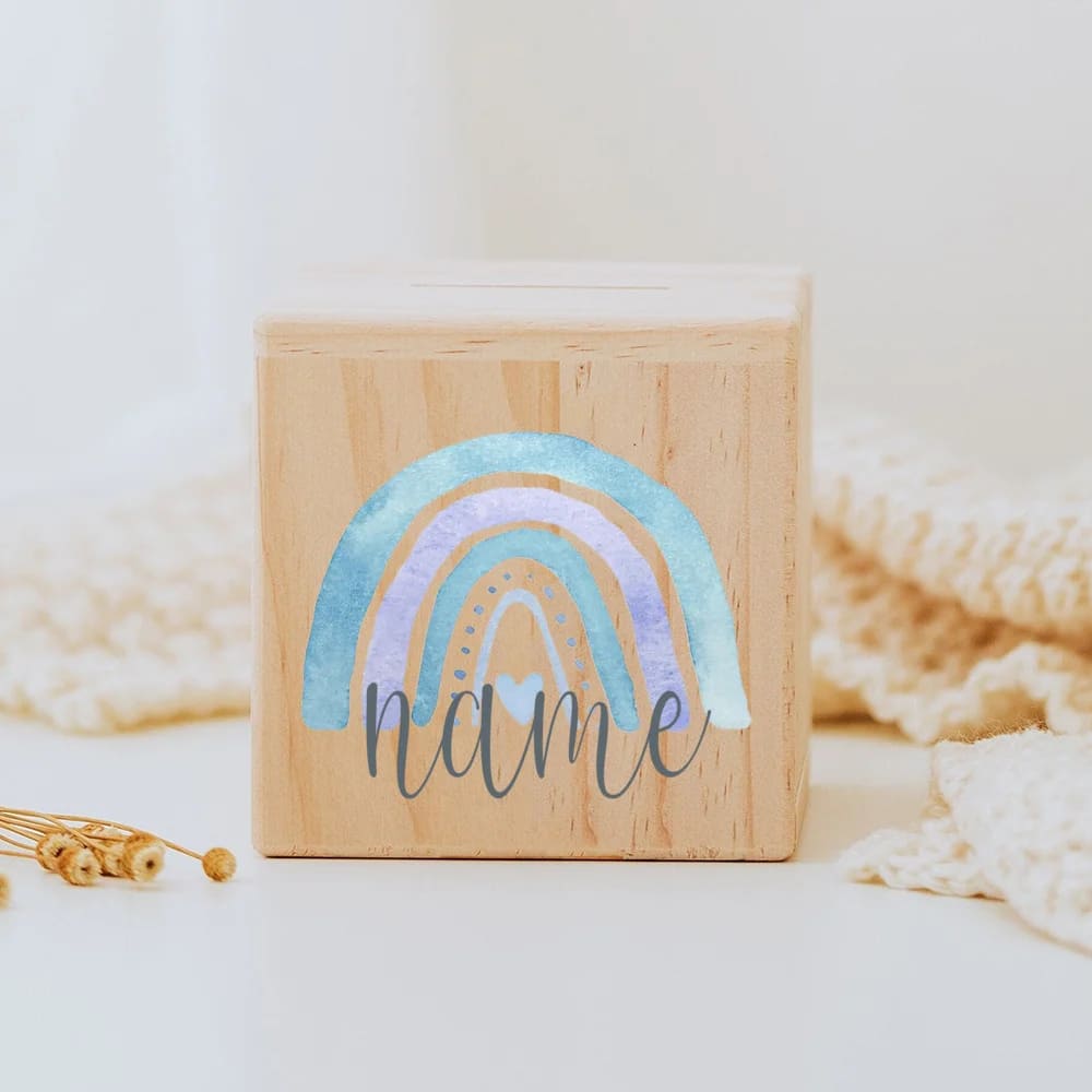 tirelire personnalisée pour fille en bois arc en ciel